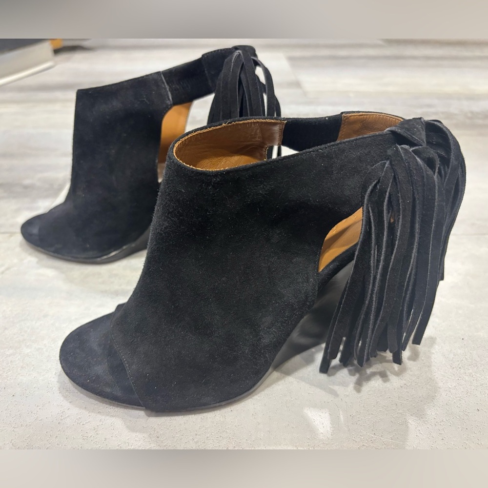 CHLOE Authentic Suede Leather Wedge Peep Toe Fringe Sandals Made In Italy